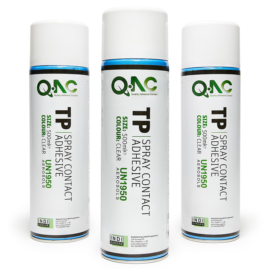 The spray adhesive QAC TP high quality industrial contact adhesive with high adhesive strength. Industrial adhesive for textiles, fabrics, upholstery, foam, cork, glass, mirrors, tiles, metals, plywood and plastics.