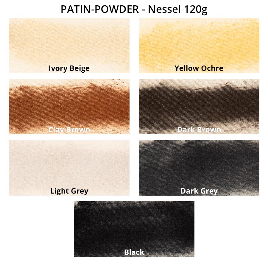 PATIN-POWDER-PACK- Distressing Powder - colour chart on Nessel