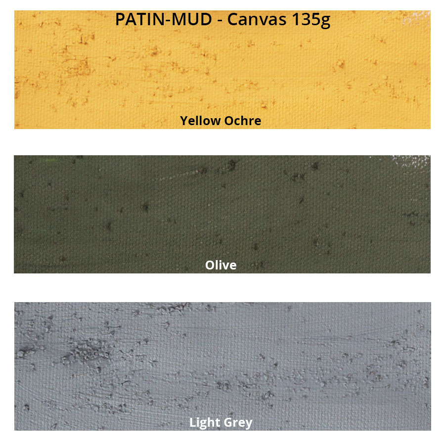 PATIN-MUD 3er Set - Helle Farben - Patinierschlamm - Farbkarte auf weißer Canvas