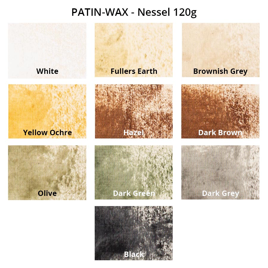 PATIN-WAX SET of 10 - Distressing Sticks - colour chart on Nessel