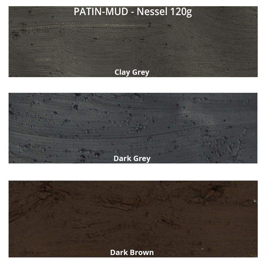 PATIN-MUD 3er Set - Dunkle Farben - Patinierschlamm - Farbkarte auf Nessel
