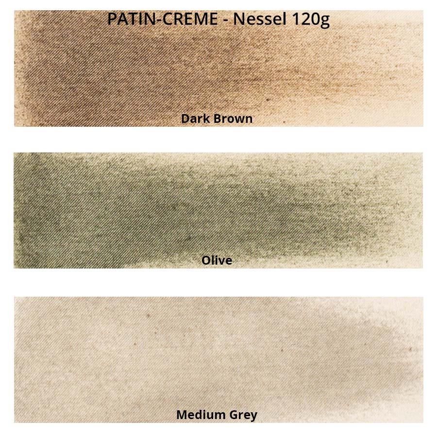 PATIN-CREME 3er-SET - dunkle Farben - Patiniercreme Farbkarte auf Nessel