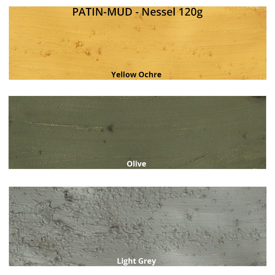 PATIN-MUD 3er Set - Helle Farben - Patinierschlamm - Farbkarte auf Nessel