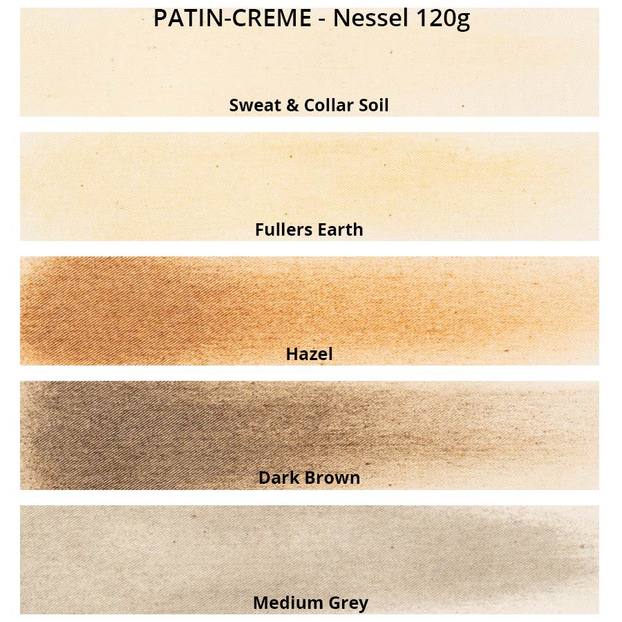 PATIN-CREME 5er-SET - dunkle Farben - Patiniercreme Farbkarte auf Nessel