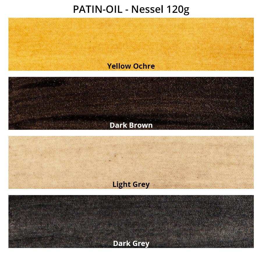 PATIN-OIL SET (with Pigments) - Distressing Oil - colour chart on Nessel
