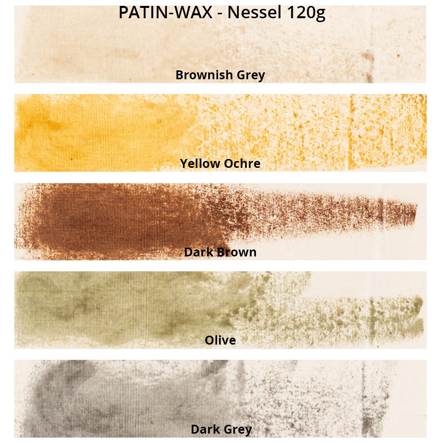 PATIN-WAX SET of 5 - Distressing Sticks - colour chart on Nessel