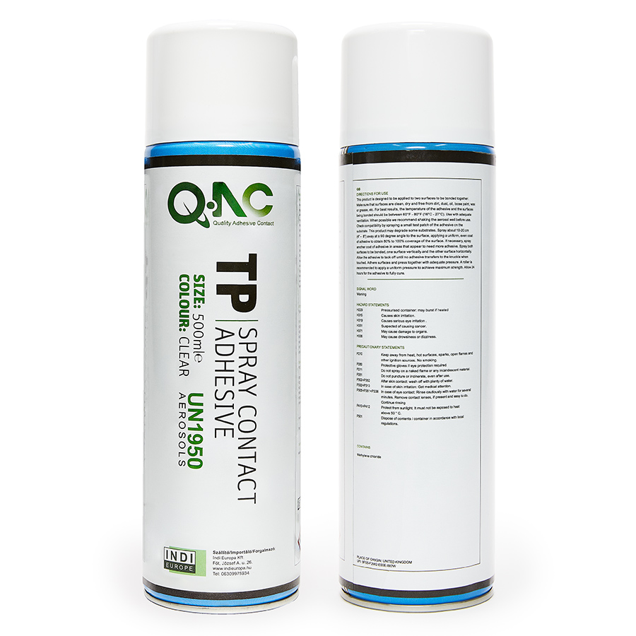 The spray adhesive QAC TP high quality industrial contact adhesive with high adhesive strength. Industrial adhesive for textiles, fabrics, upholstery, foam, cork, glass, mirrors, tiles, metals, plywood and plastics.